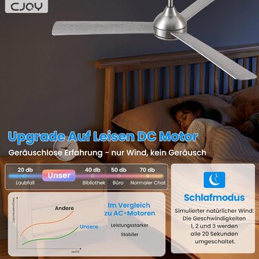 Стеляний вентилятор CJOY з підсвічуванням, 107 см, з пультом керування, тихий, DC, реверсивний, пам'ять 3CCT, диммування, 6 швидкостей, таймер для спальні (132 см - срібний)