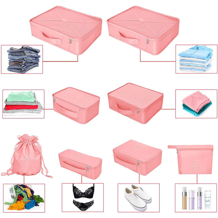 Органайзер для валізи: 8 комплектів, 7 кольорів. Набір для подорожей з водонепроникними мішками для взуття та компресійними мішками. Новий рожевий колір