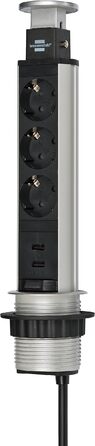 Вбудований мережевий фільтр Brennenstuhl Tower Power, висувна настільна розетка 2м, алюміній/чорний (3 розетки + USB)