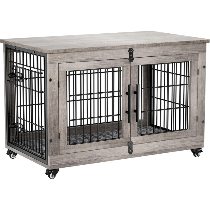 Клітка для собак Lulive, дерев'яна будка для дому, з подвійними дверима, 96,5 см, міцна переноска з подушкою та колесами, декоративний столик, дім для тварин, купик для великих/середніх собак, сірий, 98 x 64 x 68 см