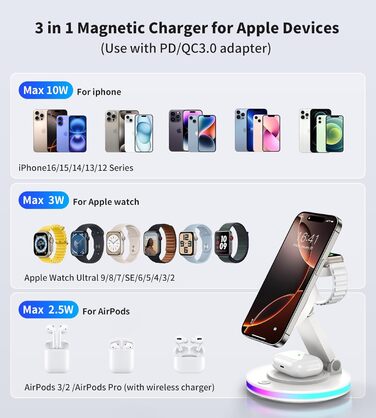Зарядний пристрій MagSafe 3-в-1 для Apple Watch та iPhone, складний, поворотний з регулюванням світла, бездротовий зарядний станція MagSafe для iPhone 16/15/14, AirPods (без адаптера)