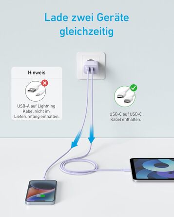 Зарядний пристрій Anker 20W USB-C, адаптер живлення для iPad, швидка зарядка, сумісний з iPhone 17/16/15 (з кабелем USB-C 150см), фіолетовий
