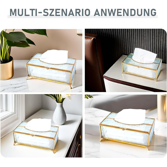SLHEQING Tissue Box Gold Cosmetic Tissue Box Rectangular Tissue Dispenser Tissue Box made of Glass and Metal Tissue Box for Dresser Bathroom Decor Living Room Bedroom Office
