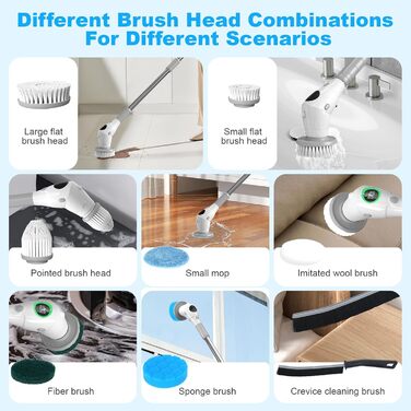 Electric Cleaning Brush, Electric Spin Scrubber Cordless with 8 Replaceable Brush Heads, 3 Speed, Adjustable Handle, LED Screen Electric Brush for Bathroom, Kitchen, Car, Tiles (Gray and White)
