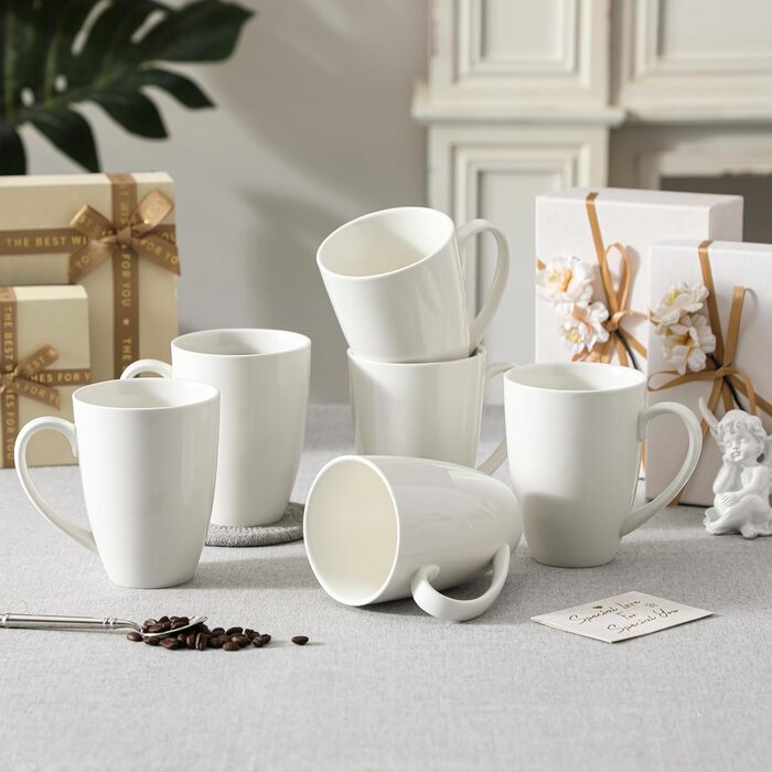 MALACASA Coffee Mugs Set of 6, Porcelain 560ML Mug Set, Large Modern Coffee Cups with Handle for Tea, Juice, Latte, Cappuccino, Hot Chocolate. Dishwasher and microwave safe, REG White Series