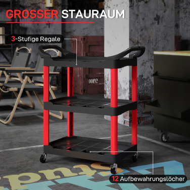 HOMCOM 3-Tier Workshop Utility Cart, Tool Cart with Handle, Hook Holes for Tools, Assembly Cart for Garage, Warehouse, Maximum Load Capacity 91 kg, Red+Black | Aosom