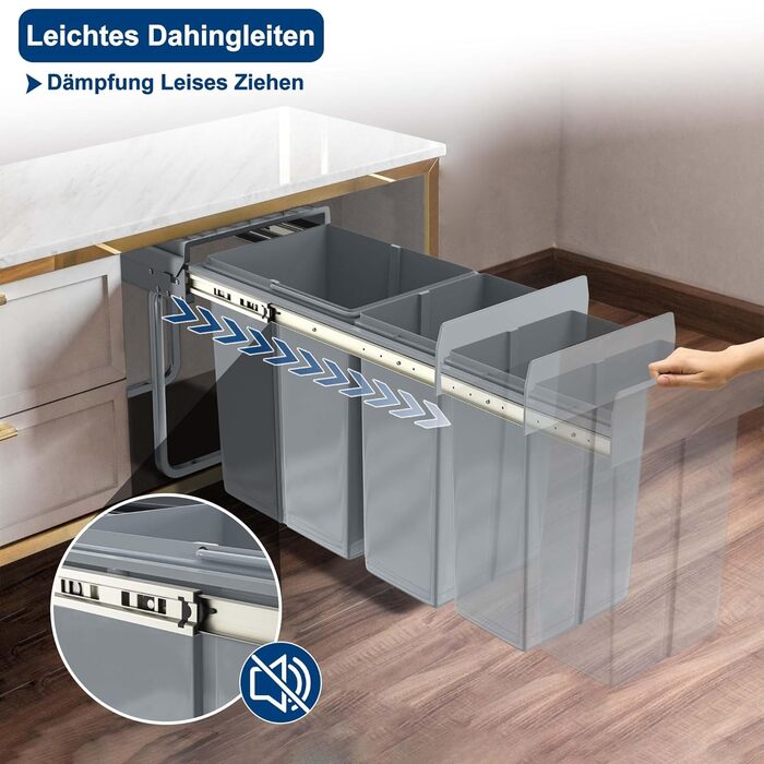 Вбудований контейнер для сміття HENGMEI з висувними ящиками для сортування, сірий (1x20L + 2x10L)