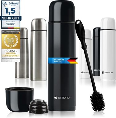 Термос з нержавіючої сталі з чашкою та щіткою; термос-каструля з подвійними стінками; не протікає, придатний для миття в посудомийній машині & BPA-free + щітка для чищення; зберігає напої гарячими та холодними (Чорний - 1000 мл)