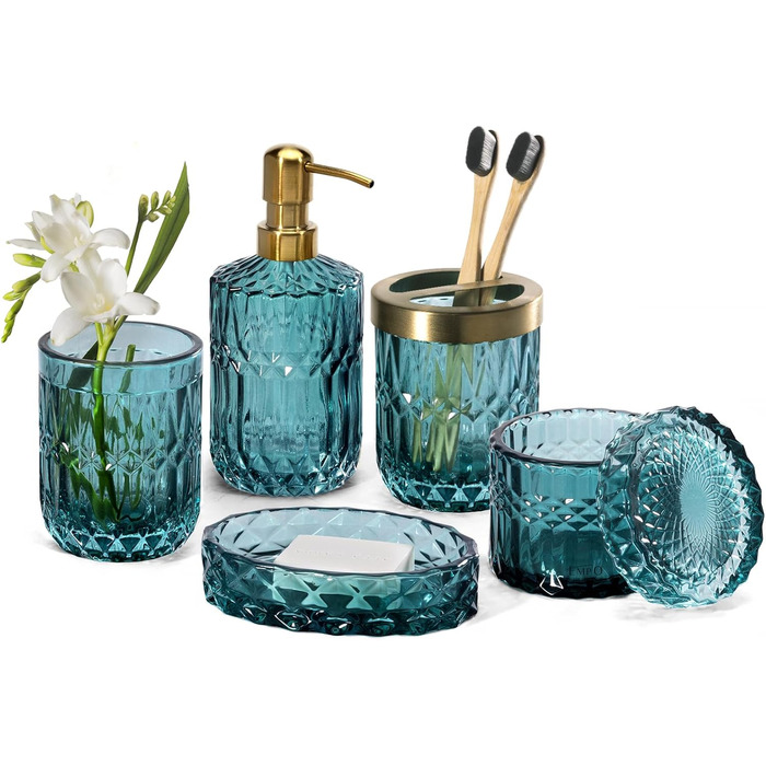 EMPO 6-Piece Bathroom Accessory Set in Clear Glass (Lotion-Soap Dispenser, Soap Dish, Toothbrush Holder, Cup, Cotton Swab Holder), Modern Decoration, Crystal Vintage Gift (Oceanwave)