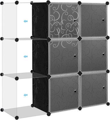 WOLTU Stackable Shoe Boxes, Shoe Rack with 6 Stackable Boxes, Storage Box with Door, DIY Shelf, Plastic Box for Shoe Storage, Shoe Organizer, 35x35x35 cm per Shoe Box, Black