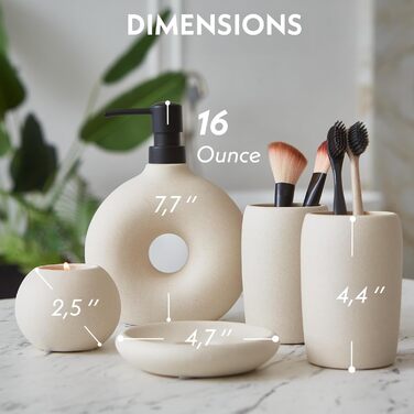 Набір аксесуарів для ванної кімнати з кераміки, 5 предметів: дозатор для мила, стаканчик для зубних щіток, тримач для зубних щіток, мильниця та свічник, Бежевий, матова глазур, естетичний дизайн