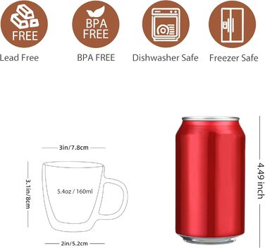 CNGLASS Double-Walled Espresso Cups 160ml/5.4oz, Insulated Coffee Glasses 6-Piece Set, Clear Cups with Handles, Tea Cups for Cold and Hot Drinks