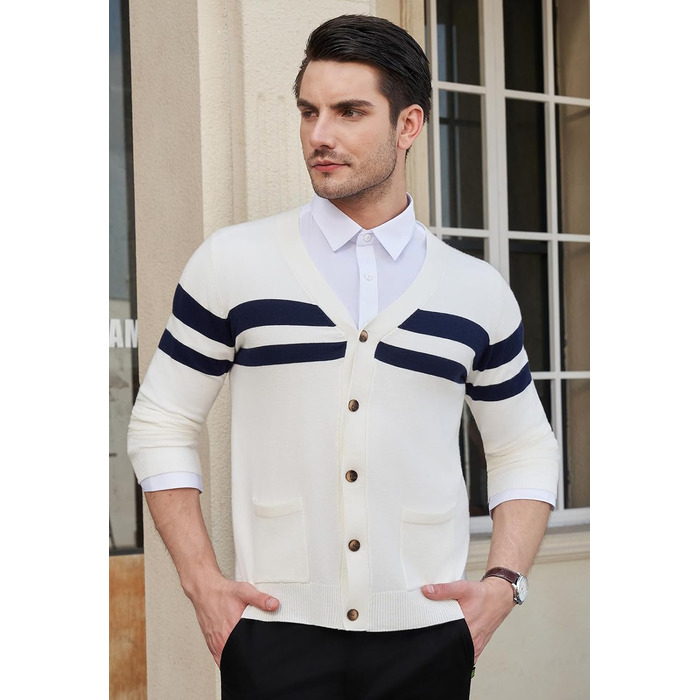 Чоловічий в'язаний кардиган KUYIGO з V-подібним вирізом, ґудзиками, довгим рукавом, легкий, м'який, з вовняної суміші, з кишенями, смугастий (XXL, XXXL, білий/блакитний)