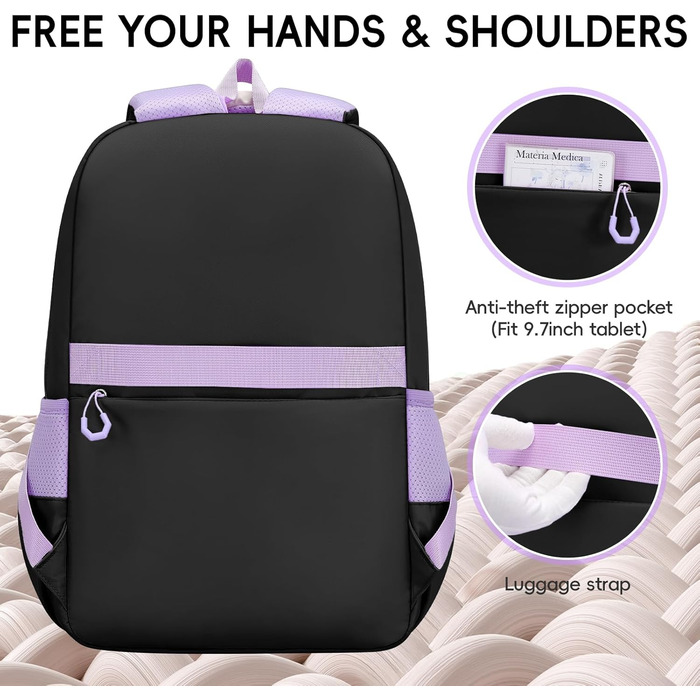 Шкільний рюкзак для дівчаток 3 в 1: рюкзак, ланч-бокс, пенал. Kawaii дизайн, 3-7 клас, для гімназії. Антикрадіжна сумка, 24L, фіолетово-чорний колір.