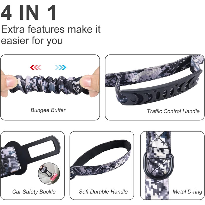 Міцна собача лінія, тактична собача лінія з автофіксатором для великих собак до 68 кг, 1,8 м, амортизуюча, рулетка, подвійний руків'я, для тренування собак