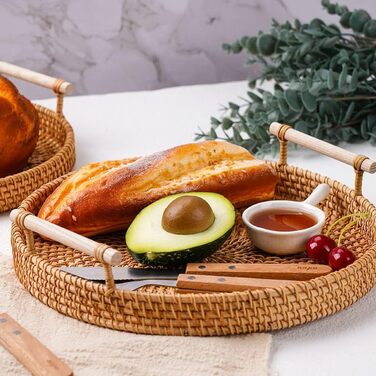 YANGQIHOME Rattan Round Serving Tray, Woven Basket Tray with Wooden Handles (32 cm)