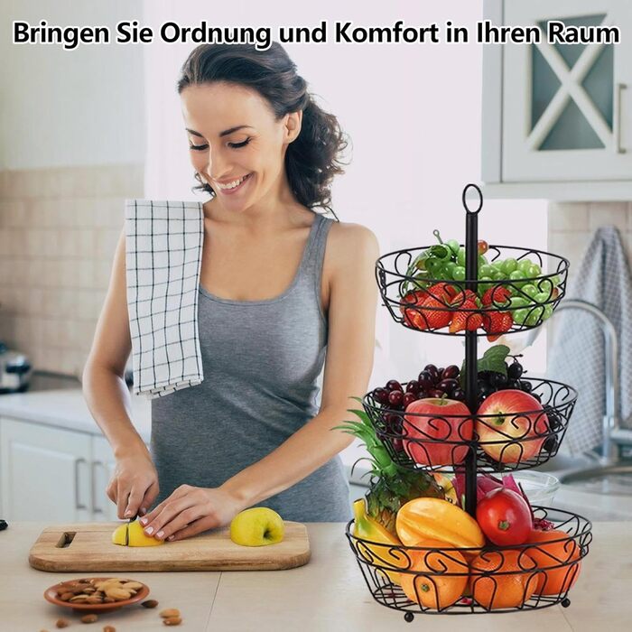 Металева етажерка для фруктів Stöckig 3 яруси - кошик для зберігання фруктів, чорний, для кухні, вітальні, офісу
