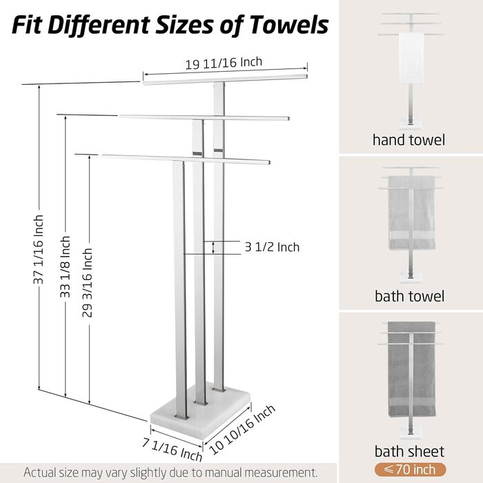 Підставка для рушників KES, вільна стоянка, 3 стійки, нержавіюча сталь SUS304, з мармуровою основою, BTH217S3-2 (полірована)