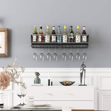 W-612 Metallic Black Wall-Mounted Wine & Champagne Glass Goblets Stemware Rack Holder, 80 x 20 cm Capacity up to 18 Bottles of Wine and 18 Glasses