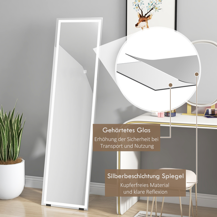 HOMCOM Full-Length Mirror 40x150cm Standing and Wall Mirror with LED Lighting, 3 Light Colors, Touch Switch in White