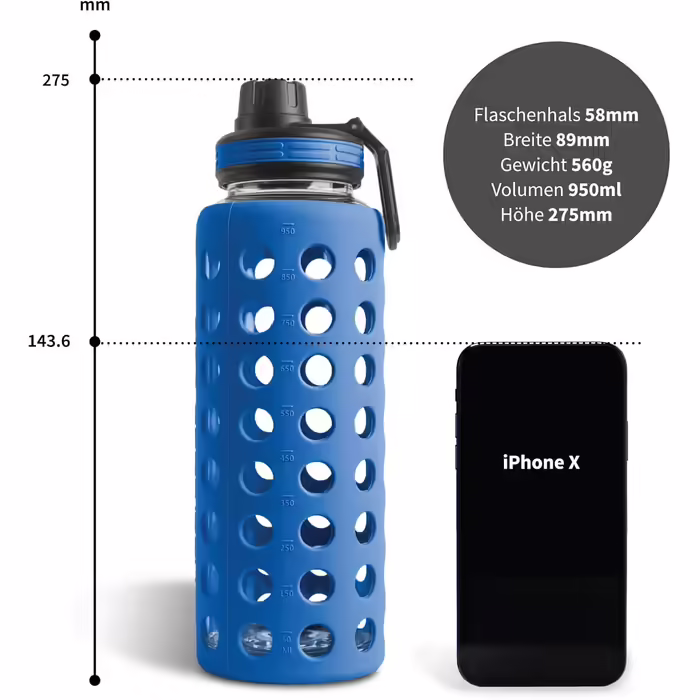 Glass Drinking Bottle with Silicone Sleeve – 100% Leak-Proof, BPA-Free, Dishwasher Safe, 2 Replaceable Lids – Ideal for Office, Fitness, Yoga, Sports & Outdoor (Navy Blue 2.0) – 950 ml