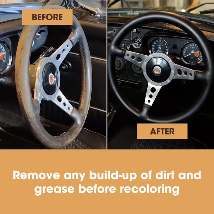 Leather Steering Wheel Repair Kit (black) – removes grease deposits, repairs damage, and restores the color on any worn leather steering wheel.
