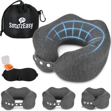 Подушка для шиї SnoozEasy™ для дорослих | Подушка для подорожей на літаку з memory foam | Регульована подушка з маскою для очей, навушниками, сумкою та карабіном | Бренд UK
