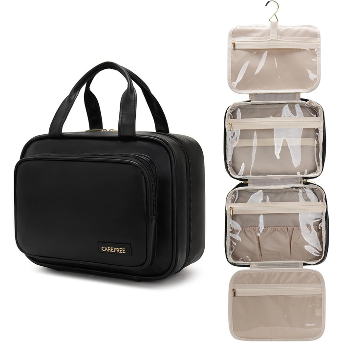 Чоловіча/Жіноча Туалетна Сумка для Подорожей з Металевим Гаків та Прозорим Вікном, з PU-шкіри, Чорна