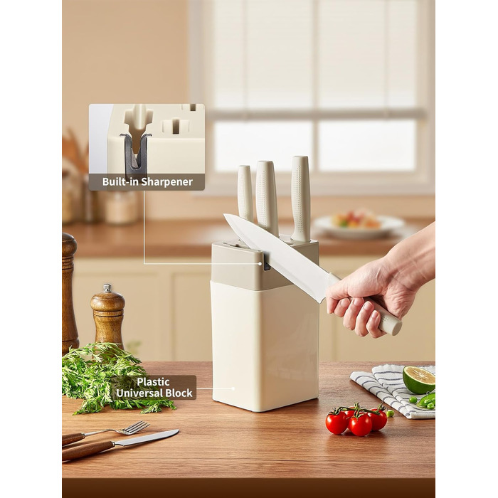 Набір кухонних ножів Yabano, 7 предметів: ніж кухарський, ніж для хліба, ніж для овочів, ніж для м'яса, ніж для чистки, ніж для стейка, ніж для овочів з інтегрованим точилом та пластиковим блоком (білий)