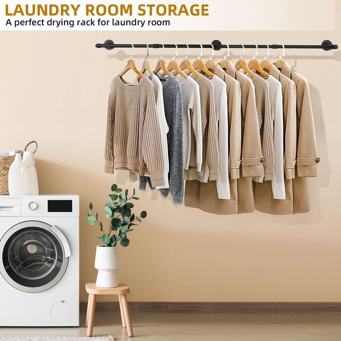 Yawinhe Industrial Pipe Clothes Rails, 180cm Clothes Rack for Wall, Space-Saving Wall Shelf Kitchen Shelf with 3 Bases, for Business, Black, 1-Pack, YMG004