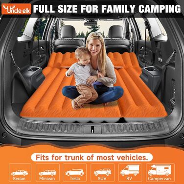 Automatic Inflatable Air Mattress for SUV - Flocked Surface, 2-Pillow Air Bed for Car Trunk, Travel, Camping & Home Use (Orange, 183x124x10 cm)