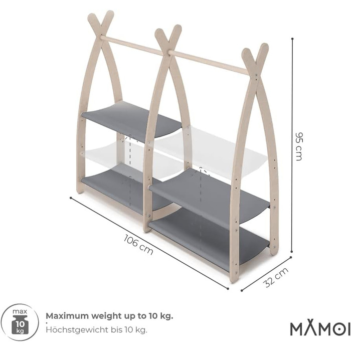 MAMOI® Clothes Rail for Baby Nursery | Children's Clothes Rail 106x95x32cm / 53x95x32cm | Children's Clothes Rack Baby | Coat Rack | Baby Wardrobe | Children's Wardrobe | 100% ECO | Made in EU