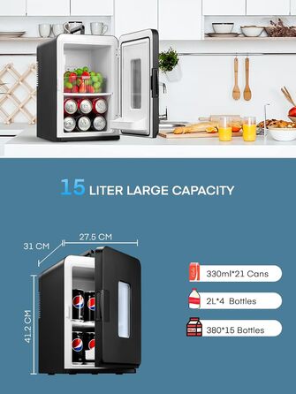 Northclan Mini Fridge 15L - Portable Cooler & Warmer for Home & Car - 220V AC/12V DC - Black