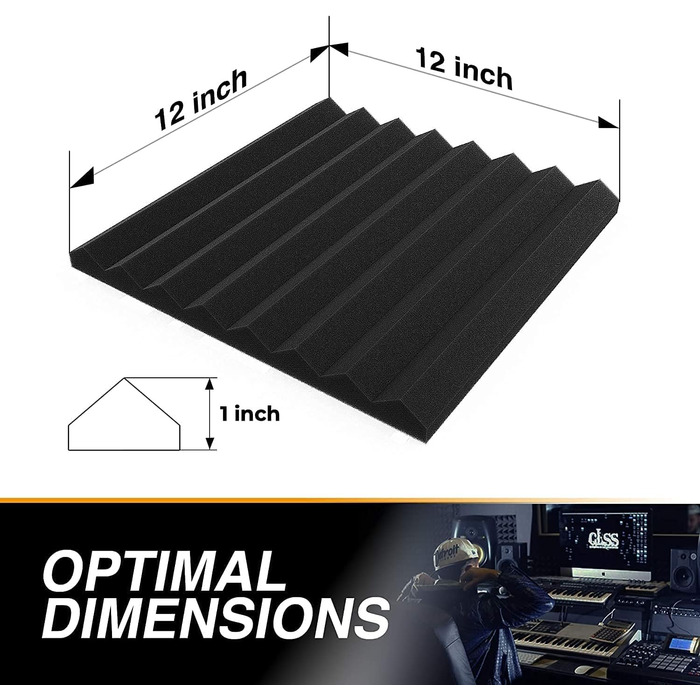 Акустичні пірамідні панелі з шумопоглинаючого поролону для студії, звукоізоляційний акустичний поролон, 30.5 x 30.5 x 2.5 см, 24 шт, колір вугільний (Charcoal)
