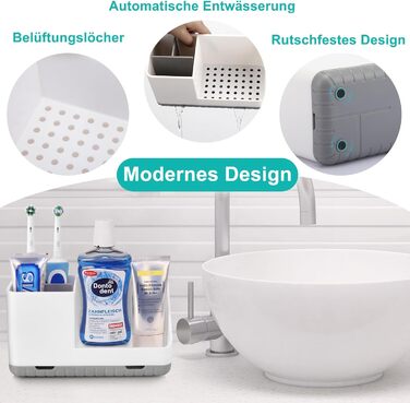 Тримач для зубних щіток у ванну кімнату: органайзер з отвором для зливу, знімний, сірий