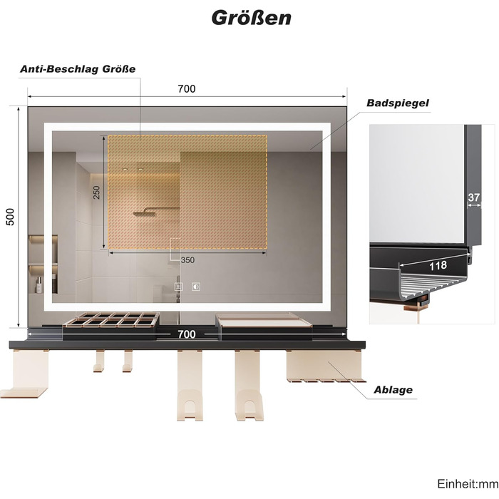 Дзеркало для ванної кімнати SONNI з підсвічуванням 60x40 см, IP44, білий (70x50 см, темно-сірий + рамкове підсвічування)