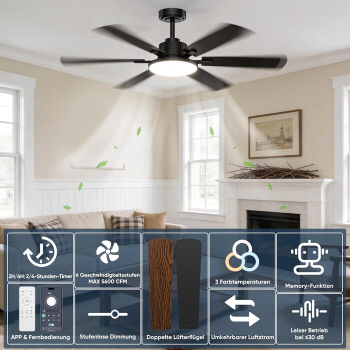 Стеляний вентилятор з підсвіткою 132см, 6 лопатей, з пультом керування, тихий DC-двигун, 6 швидкостей, 3CCT, регульоване LED-підсвітлення, двосторонні лопаті для спальні/вітальні