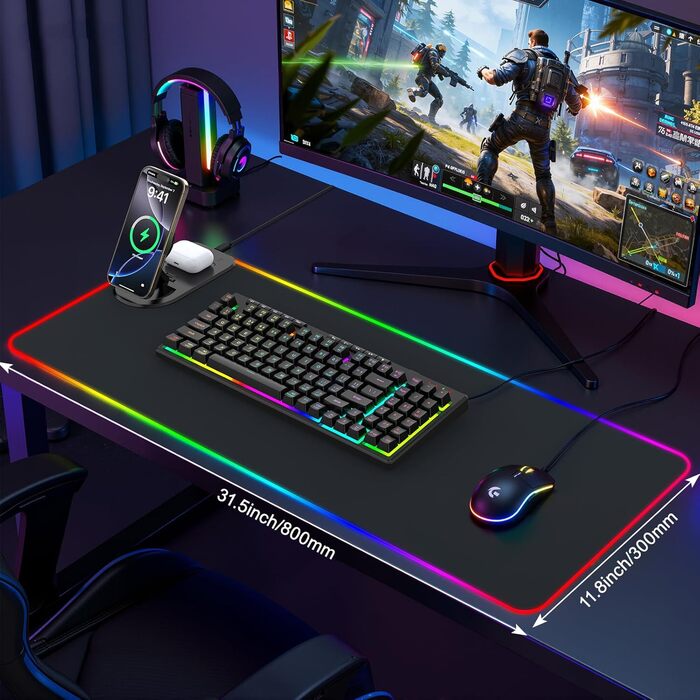 Ігровий RGB килимок для миші з бездротовою зарядкою Qi 15W, 800x350x4мм, 10 режимів підсвічування, швидка зарядка 10W для iPhone та навушників, водонепроникний, протиковзаючий (Чорний)