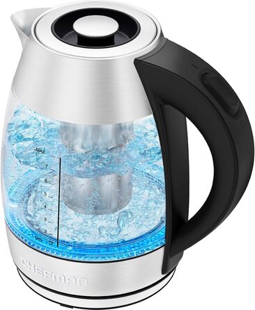 Chefman Electric Glass Kettle - 1.8L with Temperature Control, Stainless Steel, Removable Infuser, Auto Shutoff, LED Display, Silver - Tea Kettle