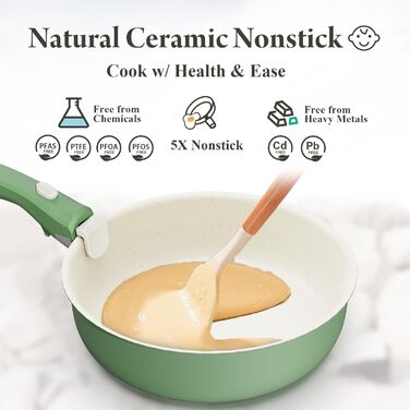 Набір посуду з кераміки 17 предметів: каструлі та сковорідки, безпечний, без ПФОА/ПФУ, для індукційних плит, знімні ручки, стійкий до подряпин та забруднень, придатний для миття в посудомийній машині та використання в духовці (зелений)