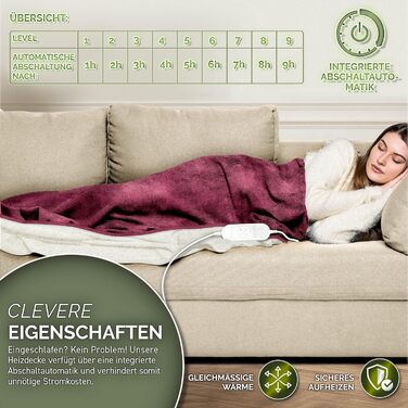 Електрична гріюча ковдра Sinnlein® з автоматичним вимкненням 160 x 120 см | 9 температурних режимів | Ковдра для ліжка, дивана | З таймером та цифровим дисплеєм, винного кольору