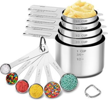 Measuring cup and spoon set, stainless steel measuring cups, measuring spoons with easy-to-read markings, ideal kitchen aids for cooking and baking, 13 pieces