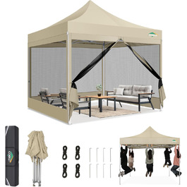 COBIZI Pavilion 3x3m Foldable, Waterproof & Winterproof (Khaki) – Stable Garden Tent with 23mm Steel Pipe, UV50+ and Mosquito Nets for Camping/Parties + Carrying Bag