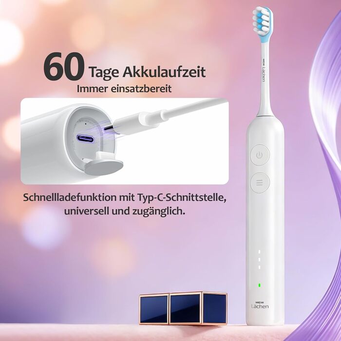 Електрична зубна щітка MGW Lächen – звукова, 3 режими, 3 інтенсивності, IPX8, 4 насадки, біла/чорна