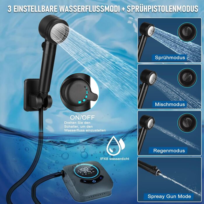 Портативна душ для кемпінгу з насосом та індикатором температури, 8000mAh, сірий. Комплект для відпочинку на природі, автомийки, пляжу, подорожей та догляду за тваринами.