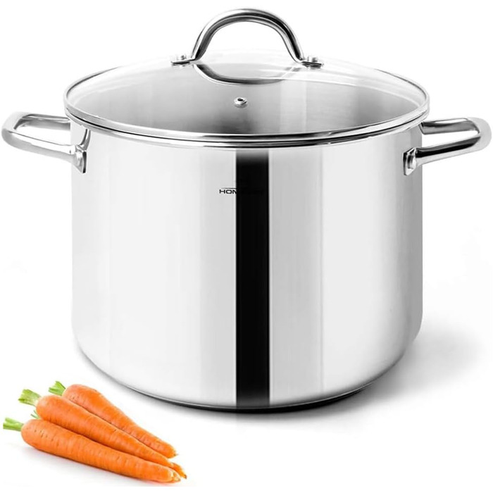 HOMICHEF Soup Pot 24.5 cm 9.5 Liter with Glass Lid - Nickel-Free Stainless Steel Pot 9.5 Liter with Handle - High-Gloss Polished Soup Pot 9.5 Liter - Healthy Induction Pot Cooking Pot with Lid Silver Glossy - Stainless Steel High-Gloss Polished (7.6 Liter - 24.5 cm wide, Silver Glossy - Stainless Steel High-Gloss Polished)