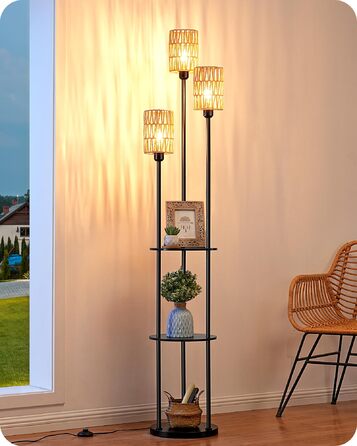 Стійка лампа EDISHINE для вітальні з трьома плафонами, вінтажний стиль, полиця, абажур з ротангу, 3 x E27, з лампочками, бохо-стиль, з вимикачем на ніжці, 178 см, чорний
