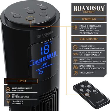 Вентилятор вежовий Brandson з пультом, осциляція 96 см, 40 Вт, 3 режими, таймер, чорний