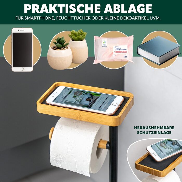 Набір для туалету Eluno Stand-WC 4в1: щітка, тримач туалетного паперу, полиця, бамбук/метал (білий/чорний)