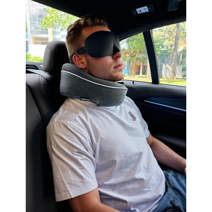 Подушка для шиї, туристична, з піною з пам'яті, для авто, поїздів та літаків, комплект з маскою для очей та берушами (темно-сіра)